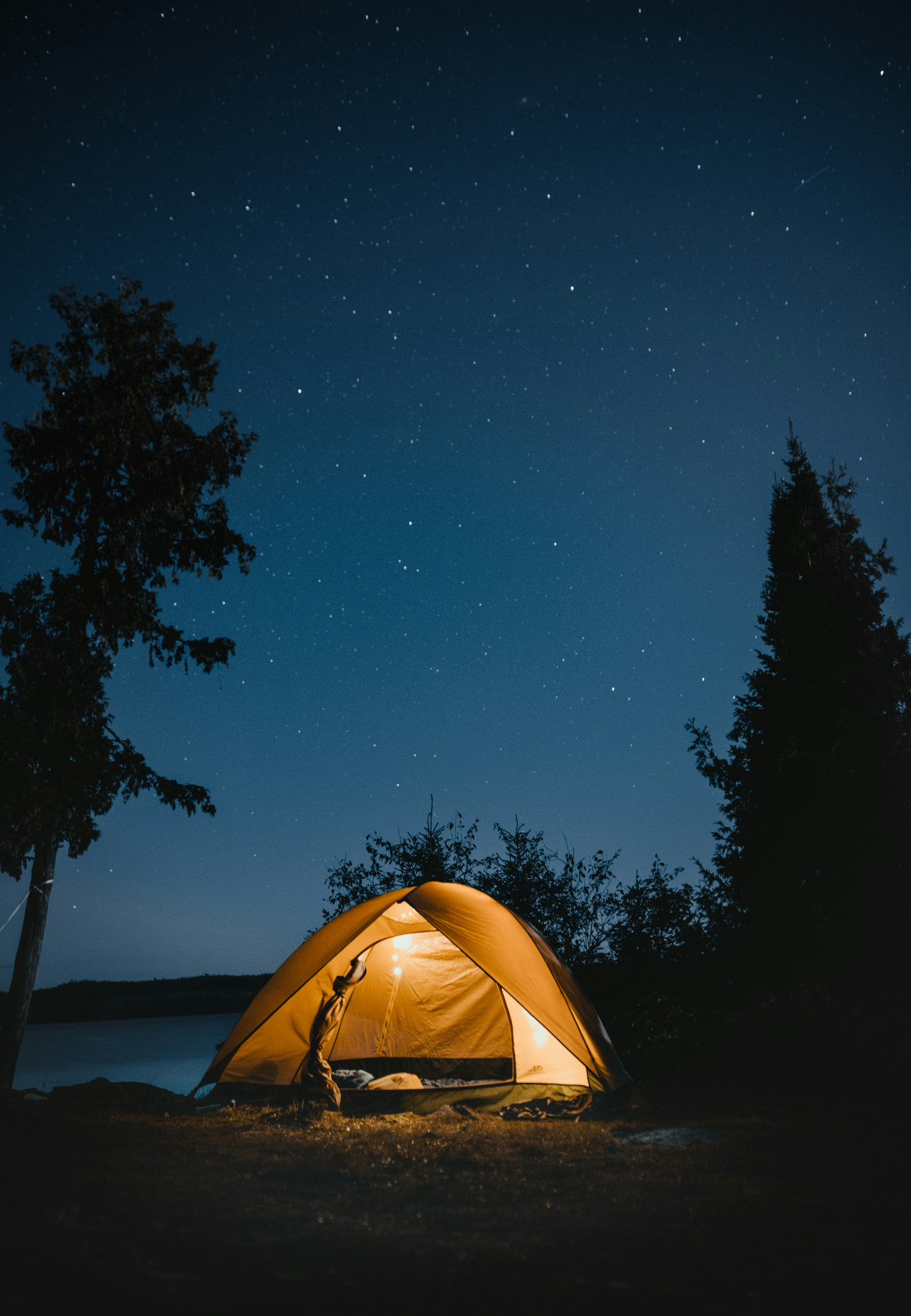 Tent glowing under a starry night sky by the lake